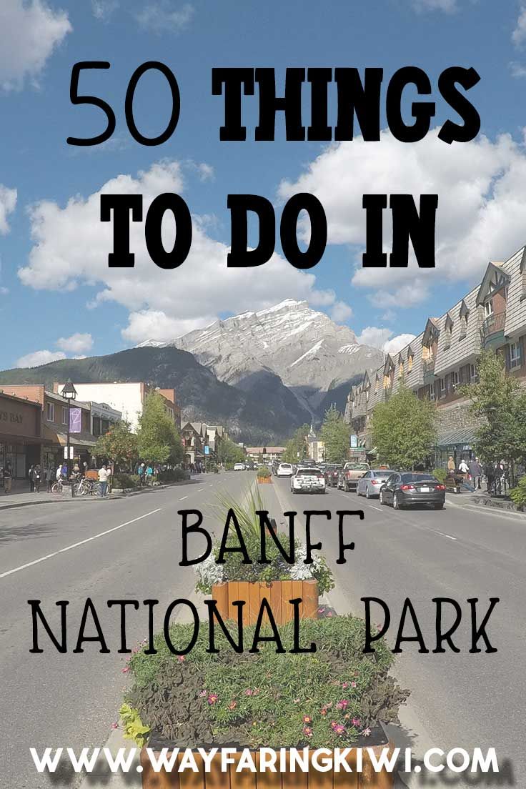 a sign that says 50 things to do in banff national park with mountains in the background