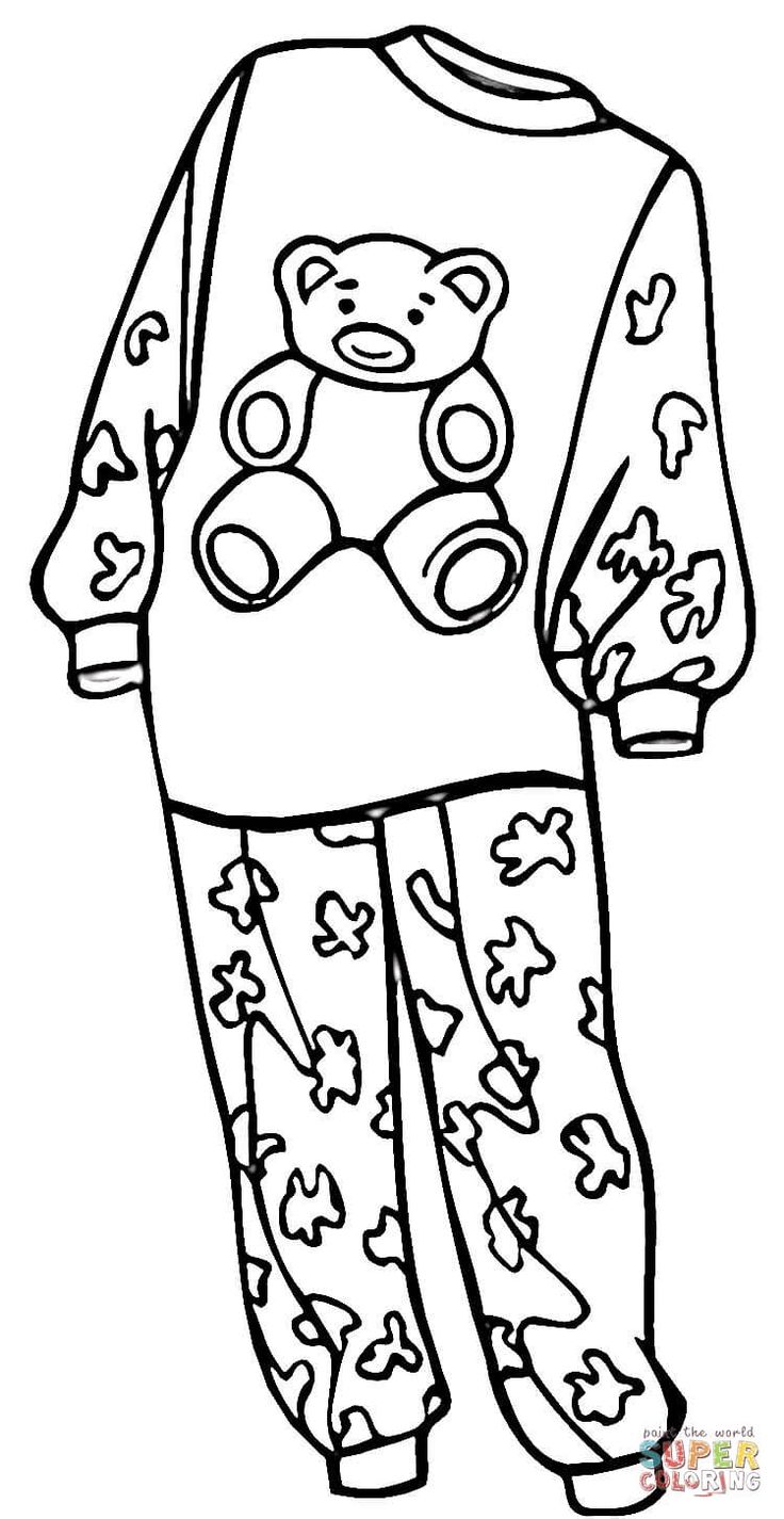 a black and white drawing of pajamas with a teddy bear on the front, and a toy in the back