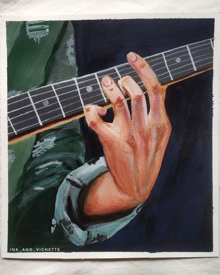 a painting of a person holding a guitar in their right hand and playing the guitar