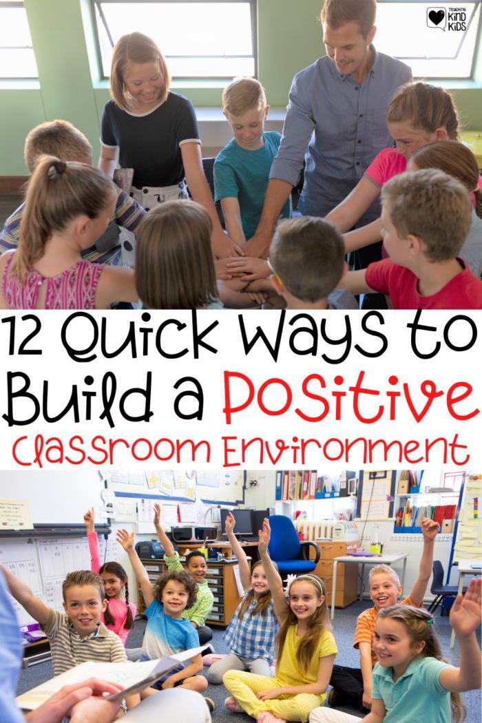 children sitting on the floor with their hands in the air and text overlay that reads 12 quick ways to build a positive classroom environment