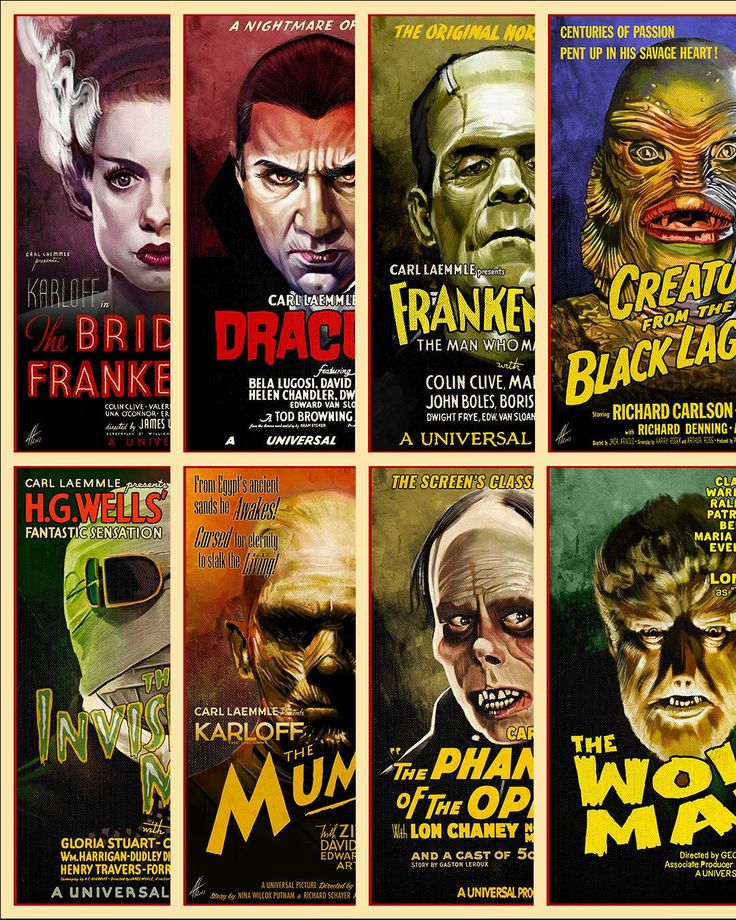 six horror movie posters from the 1950's to present as part of an exhibit