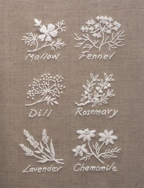 embroidered flowers are shown on the back of a piece of linen with words written in them