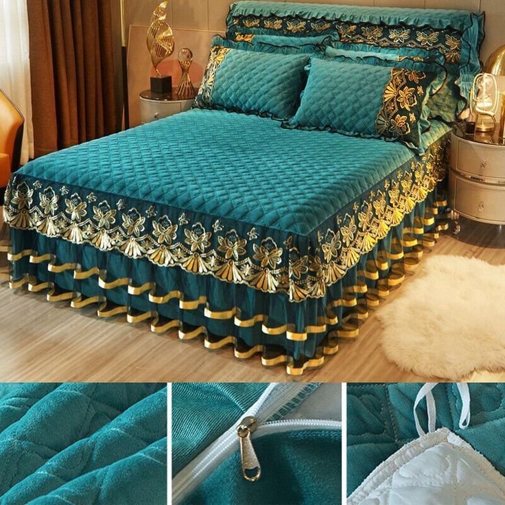 the bed is covered with blue and gold sheets