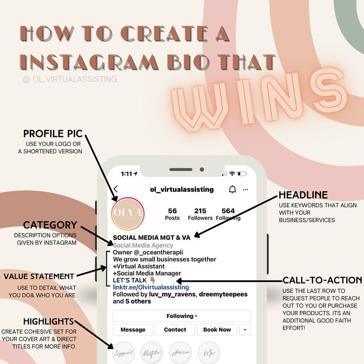 an info sheet with the words how to create a instagram bio that wins on it