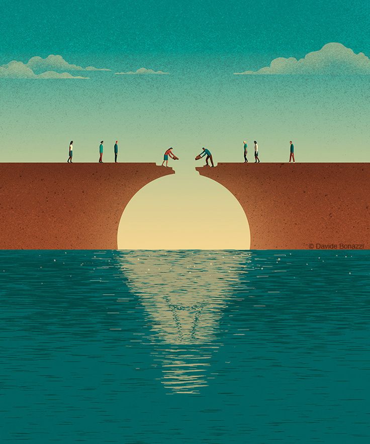 several people are standing on the edge of a large body of water with a sunset in the background