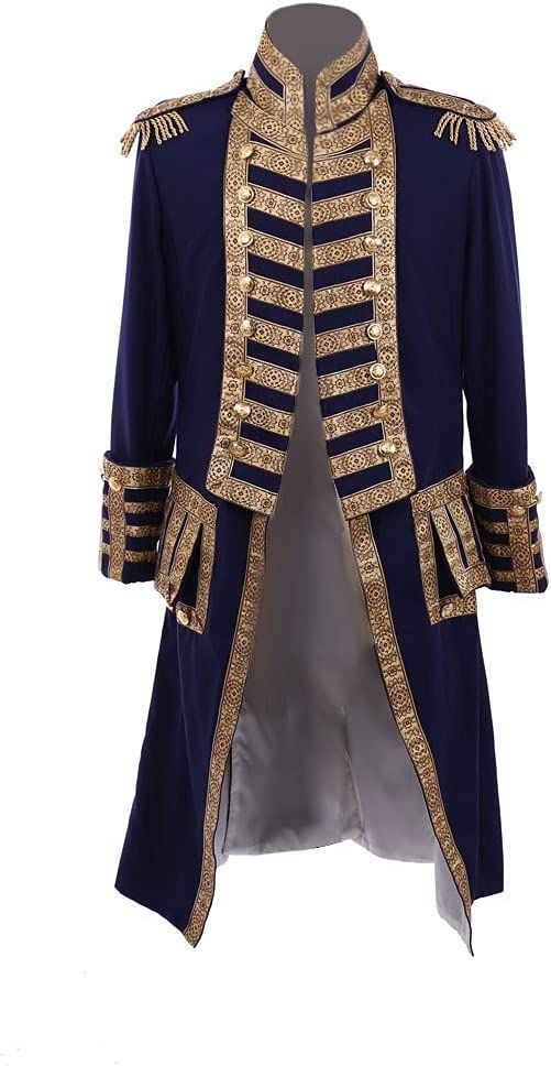 a blue jacket with gold trimmings on it