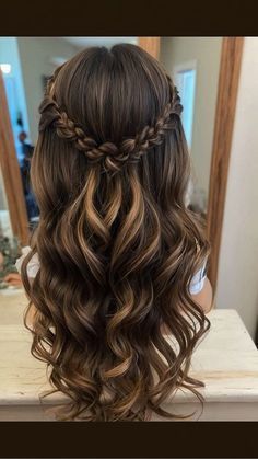 Half Up Hairstyles Brunette, Bridesmaid Hairstyles Braid Down, Half Up Gala Hairstyles, Bridesmaids Hairstyles Brunette, Half Up Half Down Hair Elegant, Half Up Half Down Curly Hair Prom, Maid Of Honor Hairstyles Brunette, Prom Hairstyles For Thick Hair, Graduation Hairstyles Curly Hair