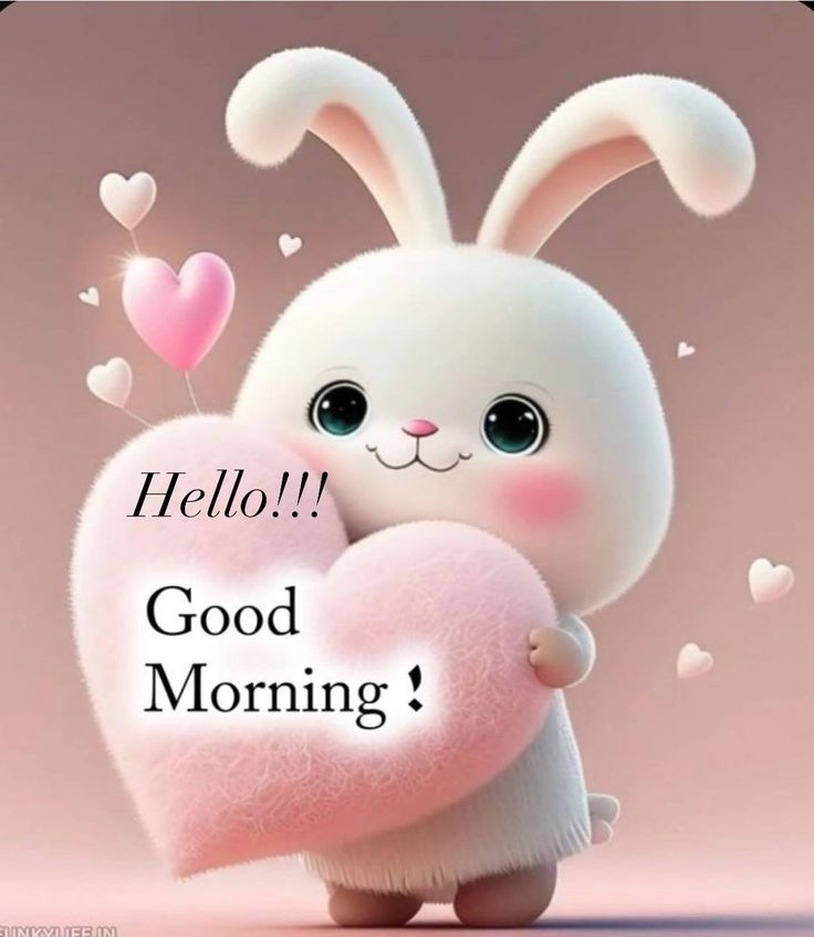 a bunny holding a heart with the words hello good morning