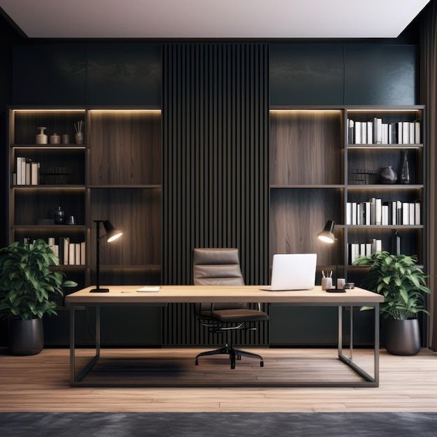 an office with black walls and wooden flooring is furnished with bookshelves, desks, and potted plants