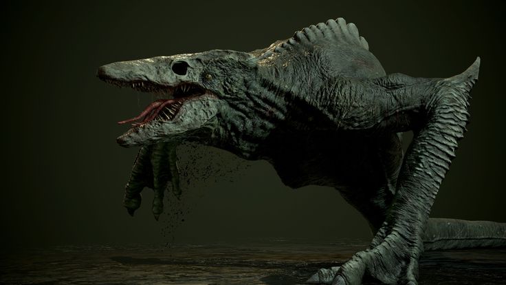 a dinosaur with its mouth open and it's teeth out, standing in the dark