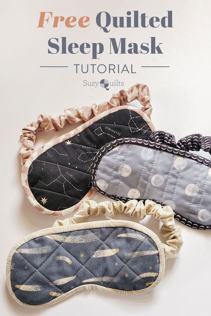 three sleeping masks with the text free quilted sleep mask