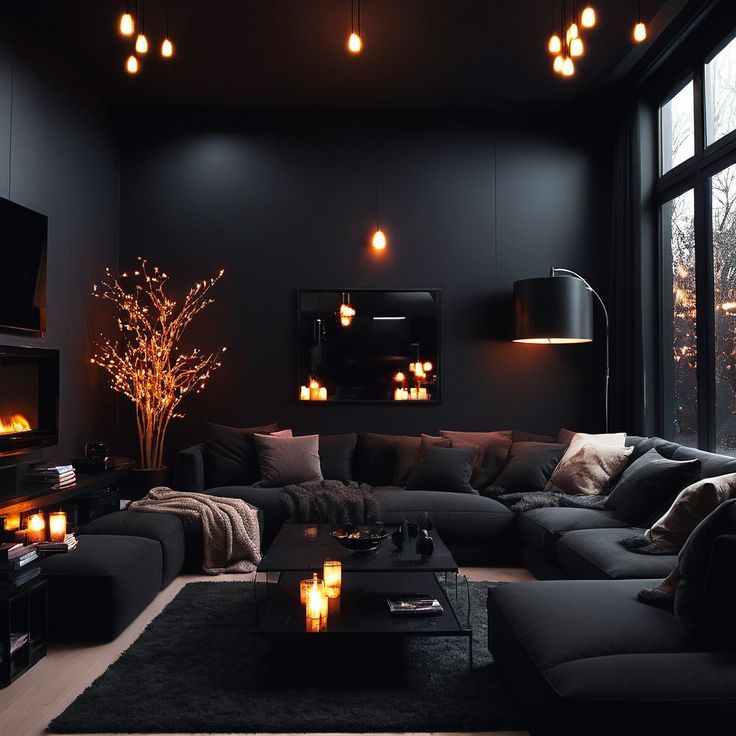 a living room filled with lots of furniture next to a large window covered in candles