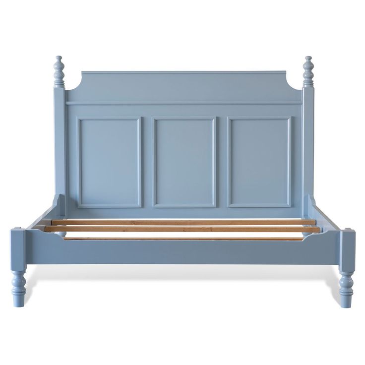 a blue bed frame with wooden slats and headboard, against a white background