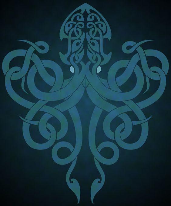 an intricate design on a black background with blue and green colors in the shape of octopus's head