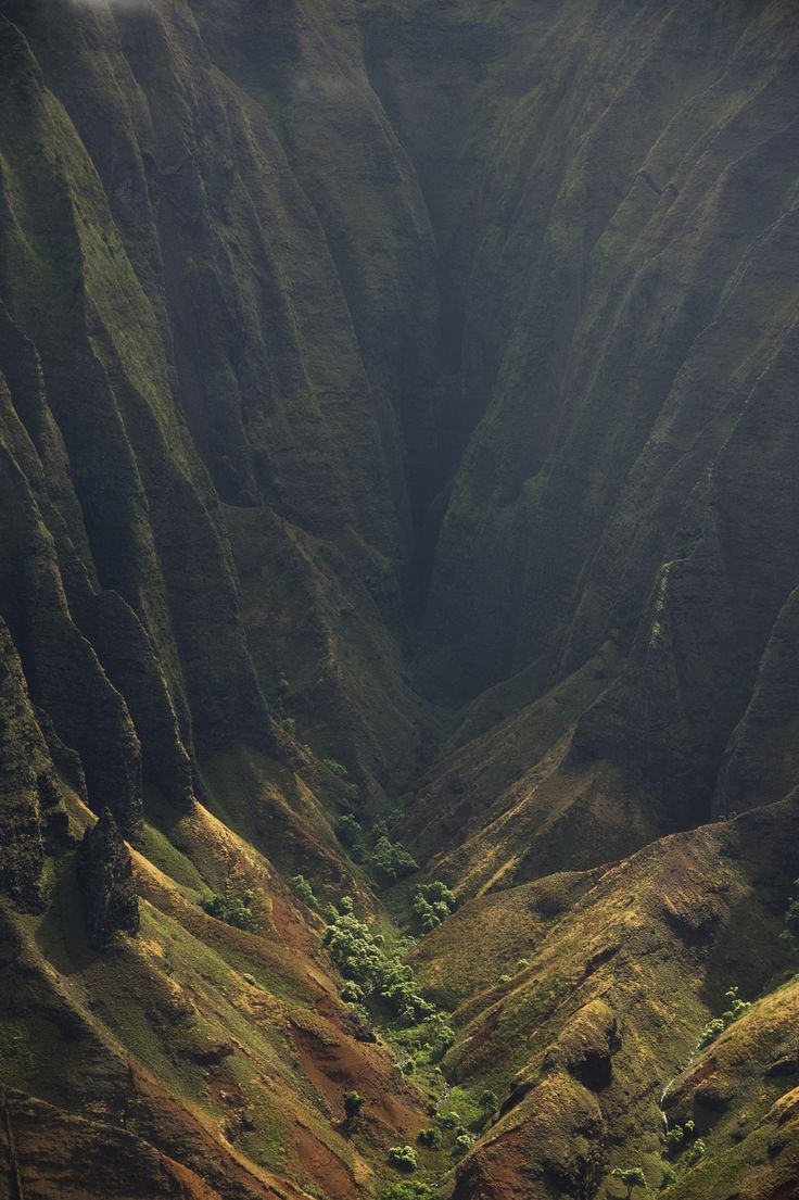 an aerial view of a valley in the middle of mountains with trees on each side