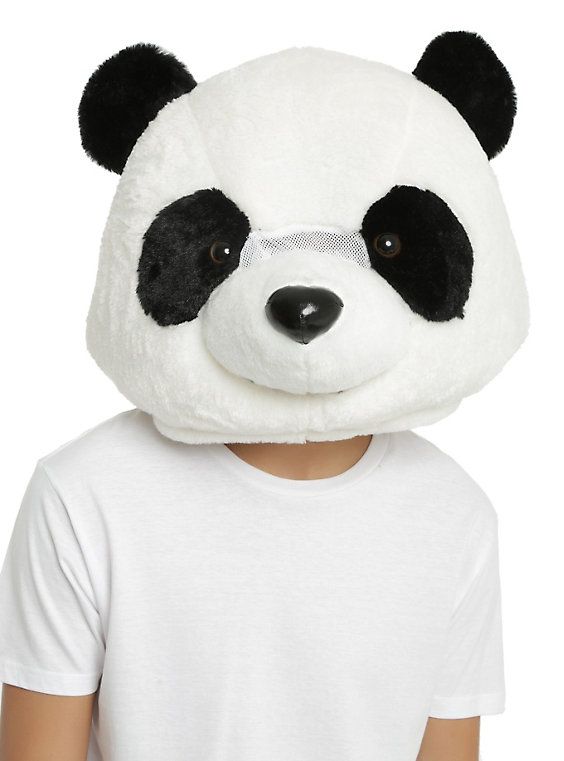 a young boy wearing a panda mask on top of his head and white shirt with black ears