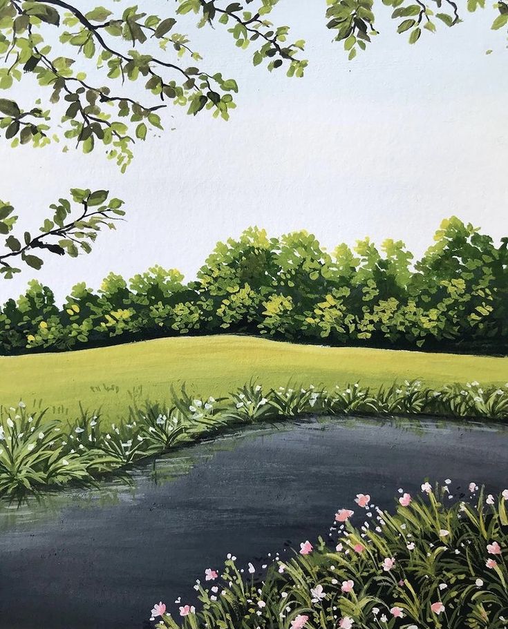an oil painting of a pond in the middle of a green field with flowers and trees