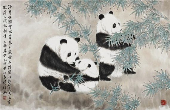 two pandas are sitting on the bamboo tree and one is holding its cub in it's arms