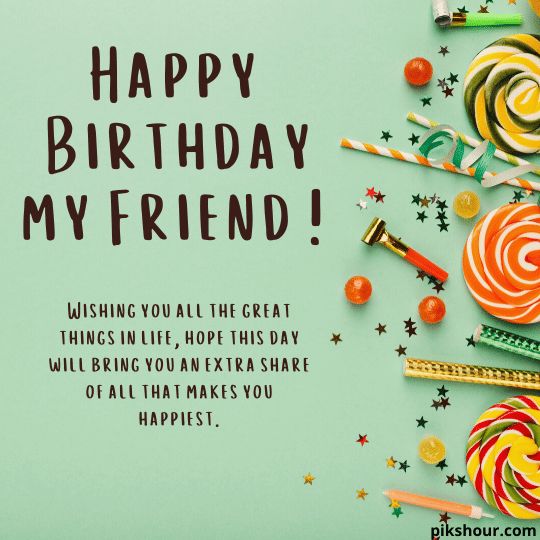 a happy birthday card with candies, lollipops and candy on a green background