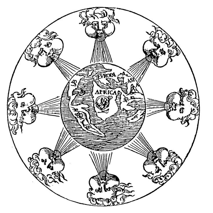 an image of the sun and moon in a circle with four mains, vintage line drawing or engraving illustration