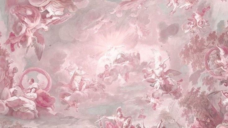an artistic painting with angels and other figures in pink tones on a wallpapered ceiling