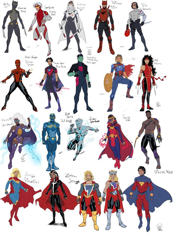 an image of many different superheros in their respective outfits and costumes, all drawn by hand