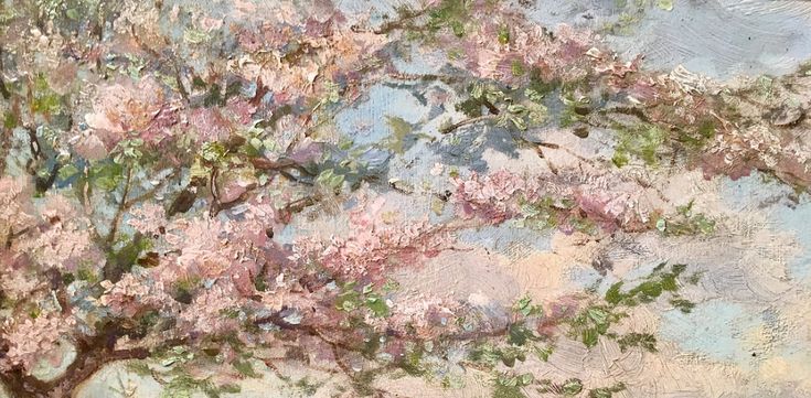 an oil painting of a tree with pink flowers