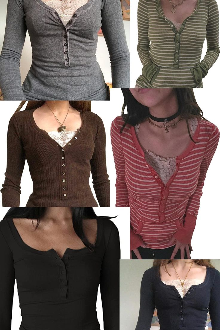 Aesthetic Y2K grunge long sleeve henley tops ♥️ find on amazon Tops For Women Y2k, Long Sleeve Gray Shirt Outfits, Long Sleeve Henley Top, Y2k Shirts Long Sleeve, Henley Tops Aesthetic Outfit, Where To Get Long Sleeve Shirts, Long Sleeve With Lace Top Under, Pretty Outfits For Winter, Y2k Longsleeves Outfit