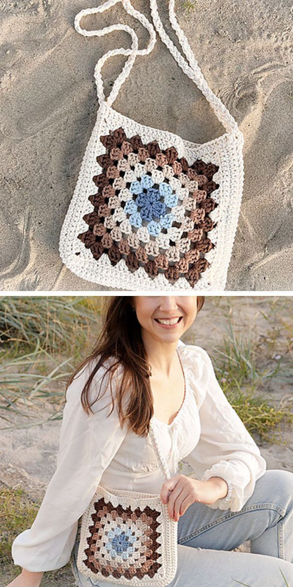 a woman is sitting on the beach with a crocheted bag in front of her