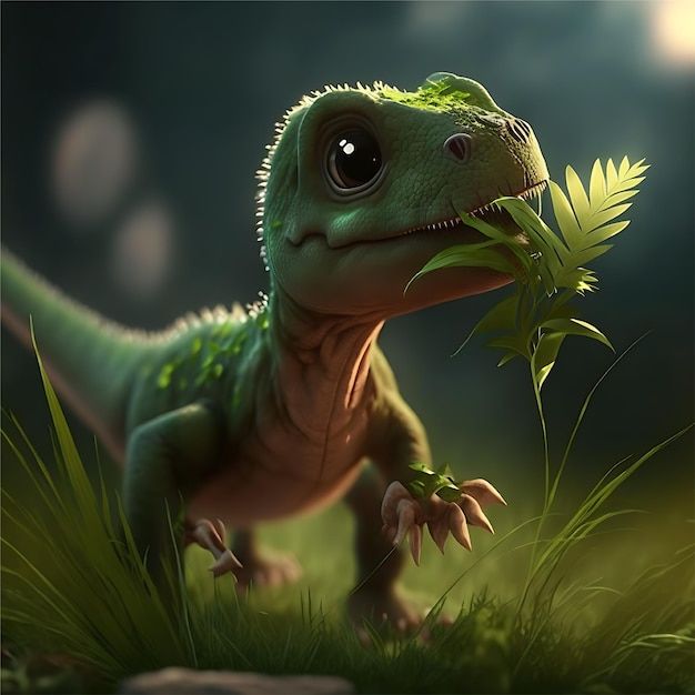 a small green dinosaur standing on top of a lush green grass covered field next to a leafy plant