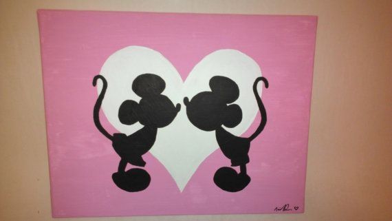 two mickey mouses in front of a heart on a pink and white background with black outline
