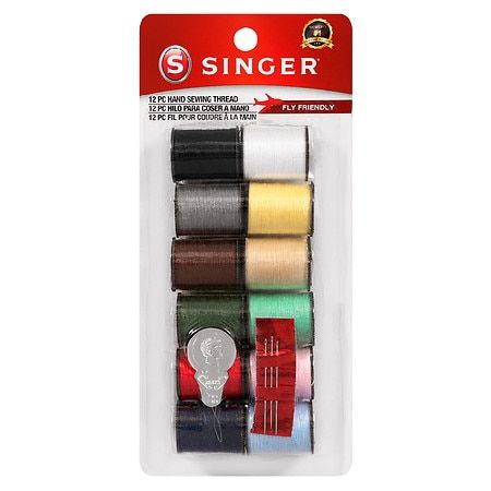 six spools of sewing thread in assorted colors and sizes on a card