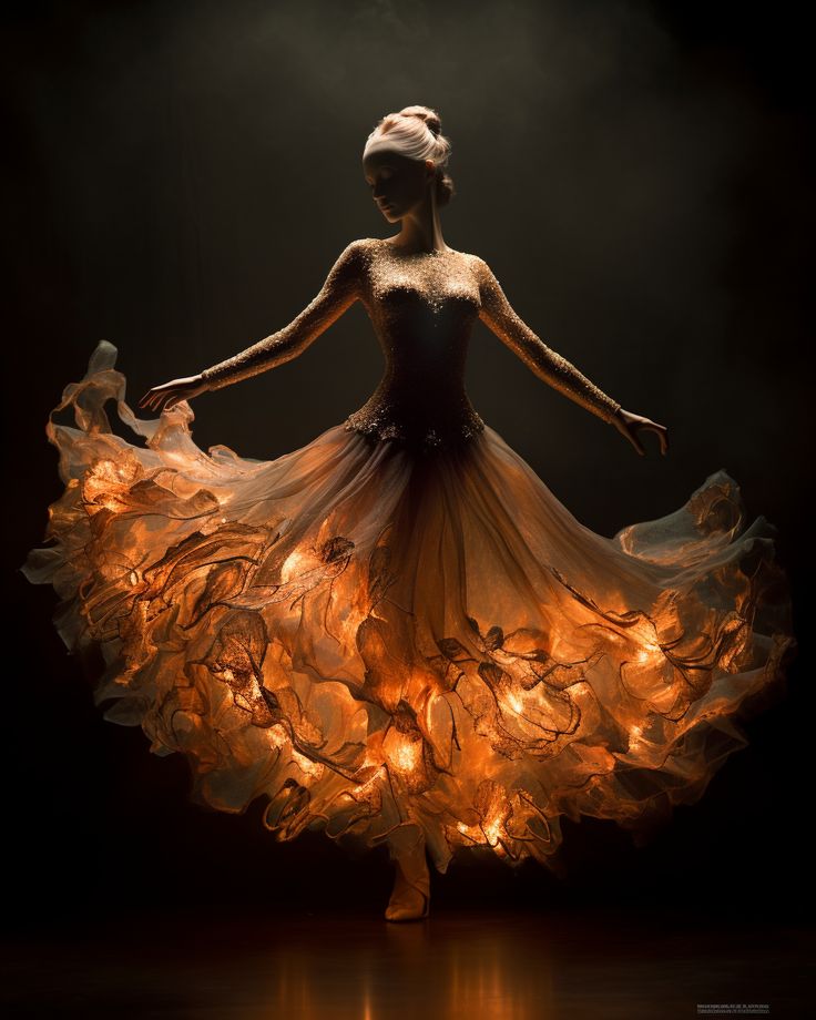 a woman in a long dress is dancing with her arms spread out and lights behind her