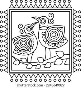 a black and white drawing of two birds sitting on a branch in a square frame