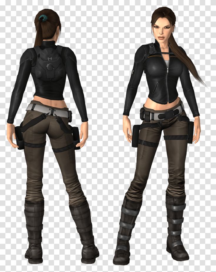 the female character is wearing black leather pants and boots, while she has her hands on her hips