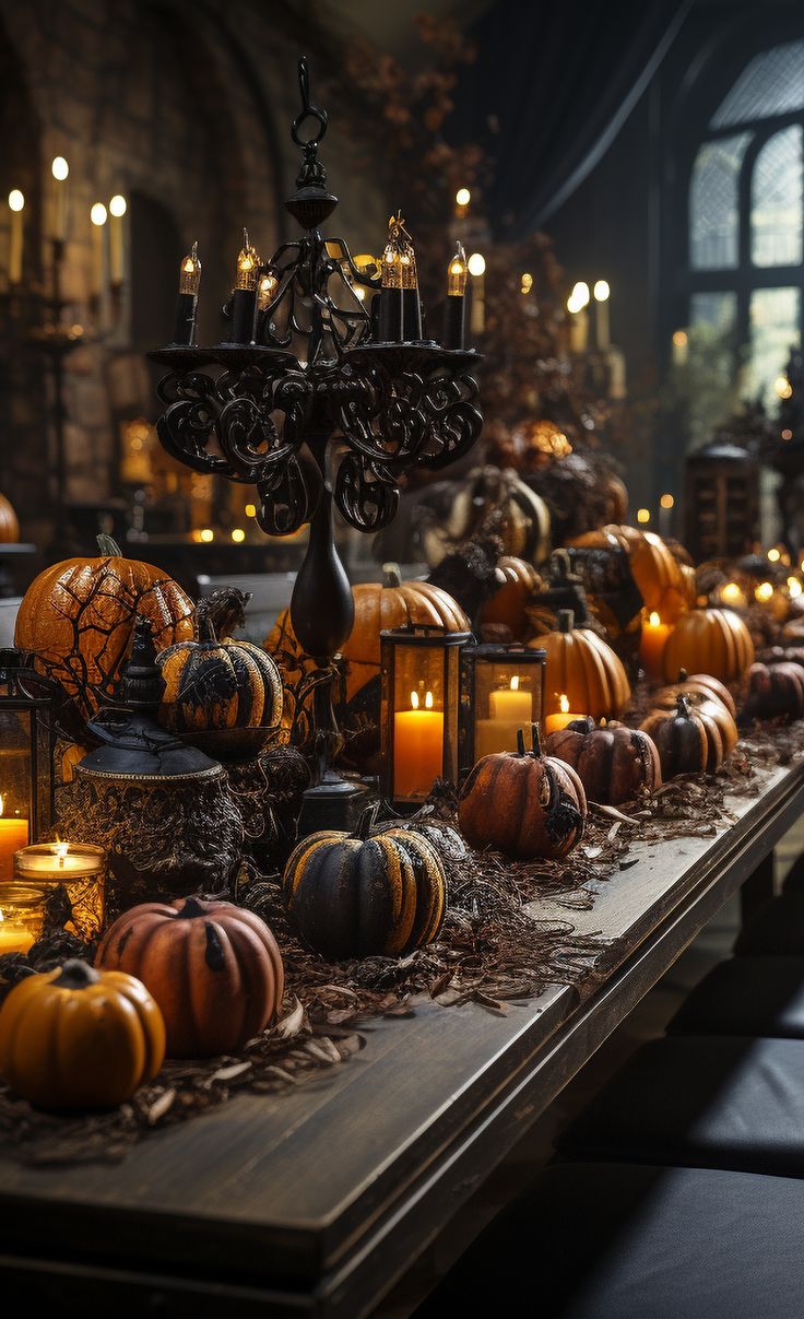 a table topped with lots of pumpkins and candles