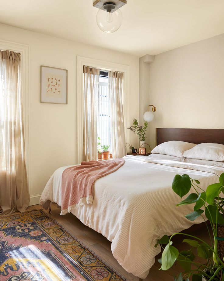 a bedroom with a bed, rugs and plants in the corner on the floor