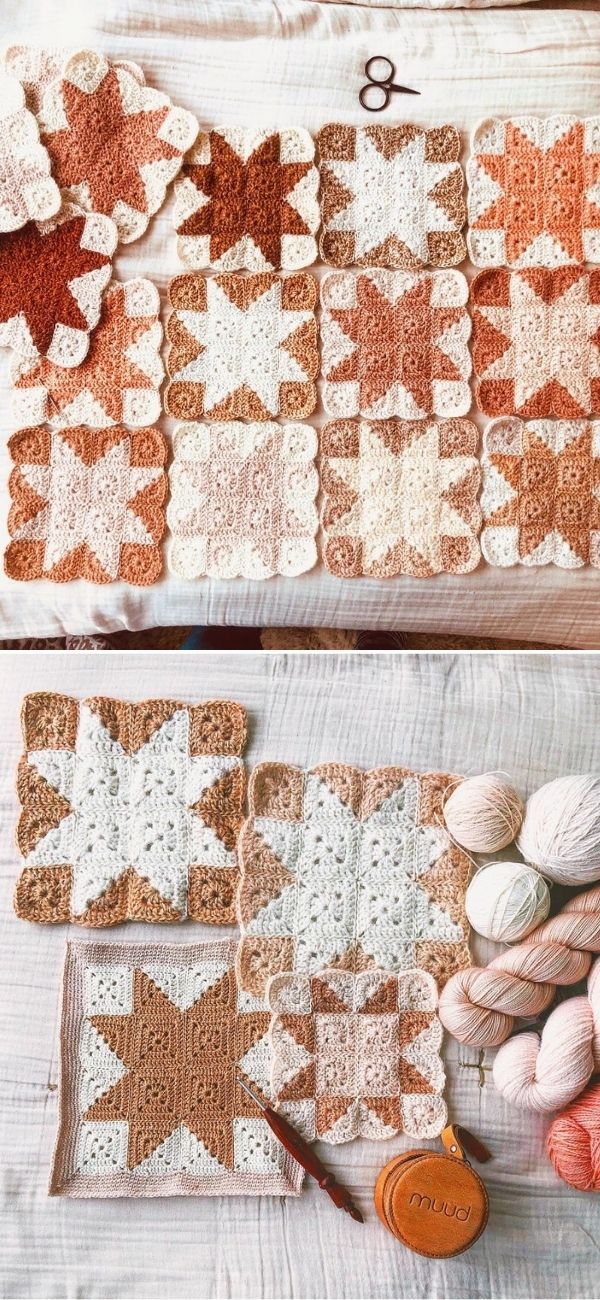 two crocheted squares and yarns on a bed with the same pattern in different colors