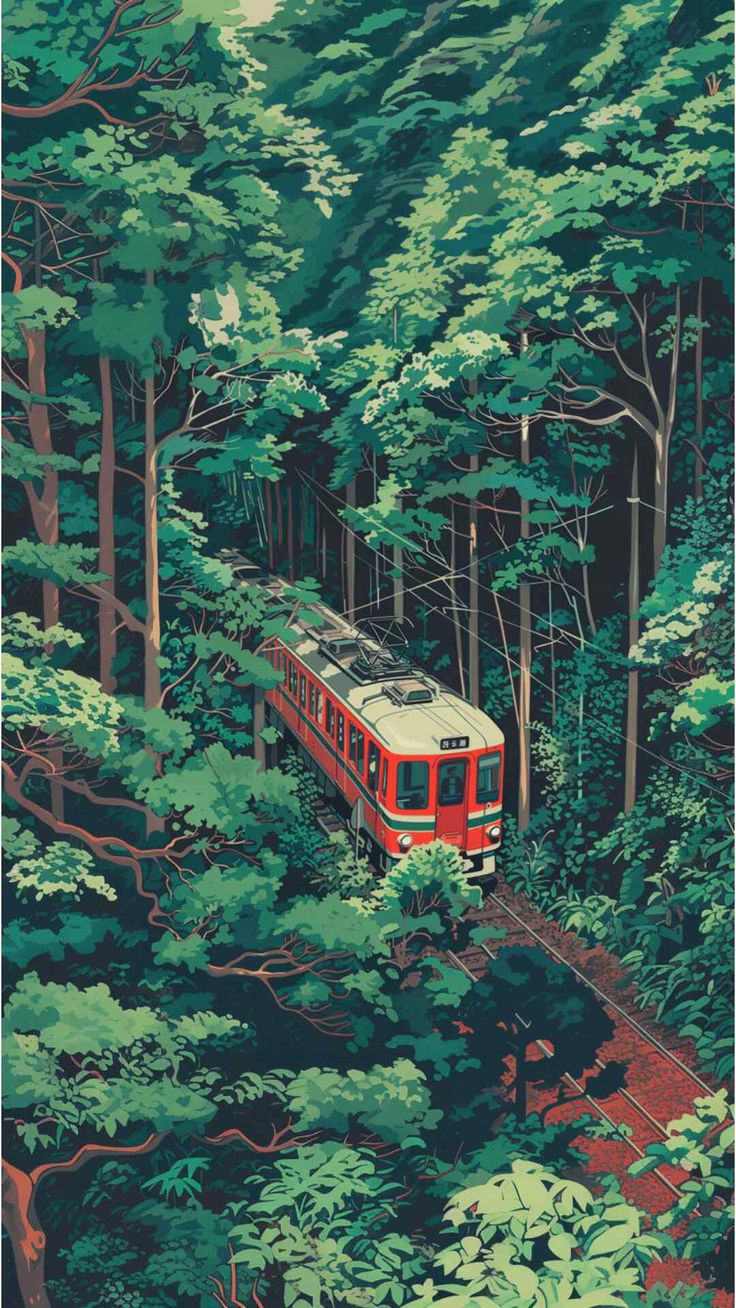 a red and white train traveling through a forest filled with tall trees on top of a lush green hillside