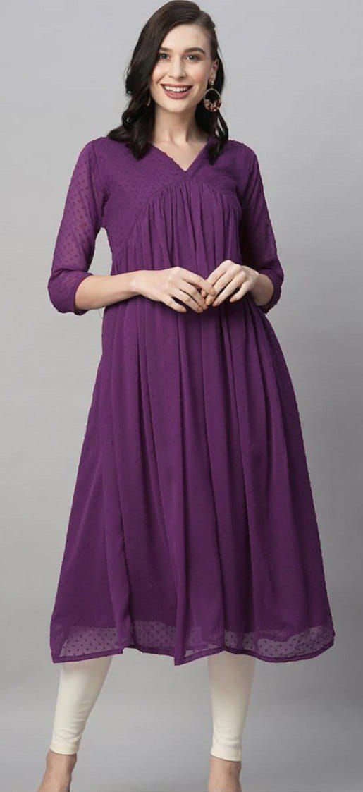 Nice Purple  Color Chiffon V-Neck Gathered Midi Kurti Kurti Casual, Anarkali Suits Bollywood, Casual Party Wear, Stylish Kurtis, Gowns Party Wear, Party Wear Gowns, Purple Set, Bollywood Lehenga, Saree Gown