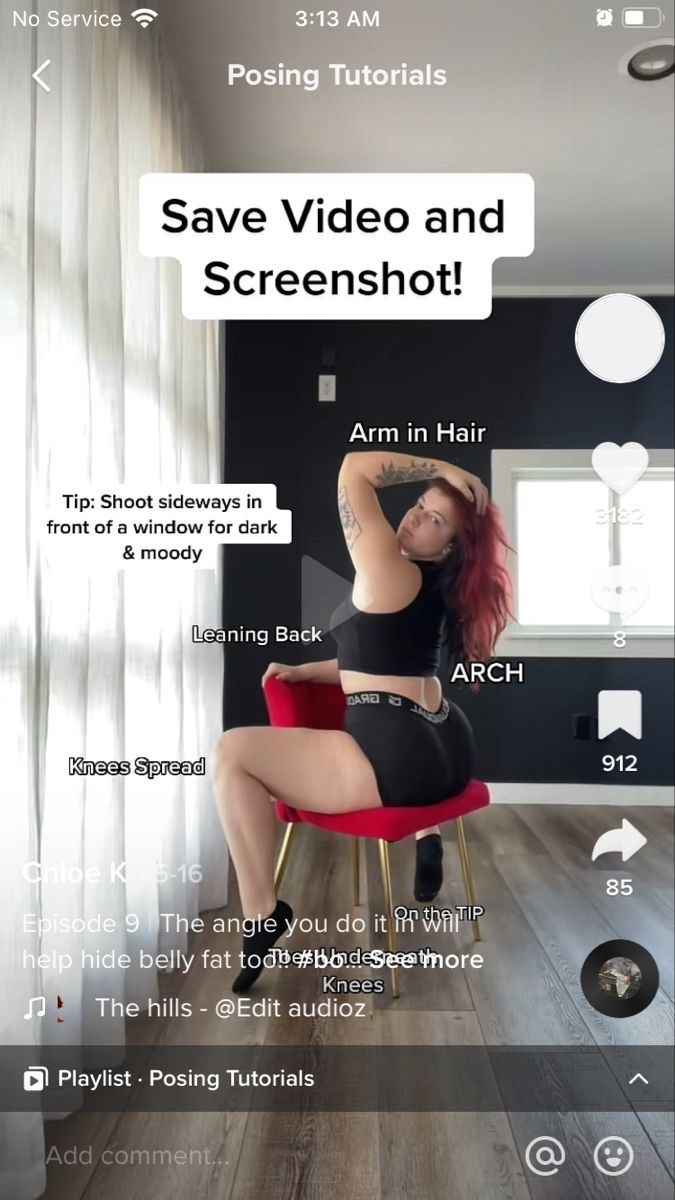 a woman sitting in a chair with her arms behind her head and the words save video and screenshot