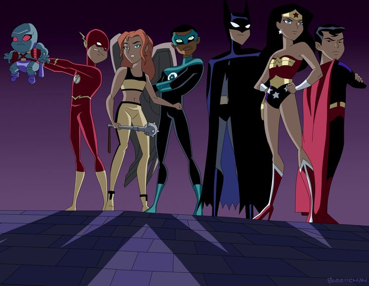 an animated group of superheros standing in the dark