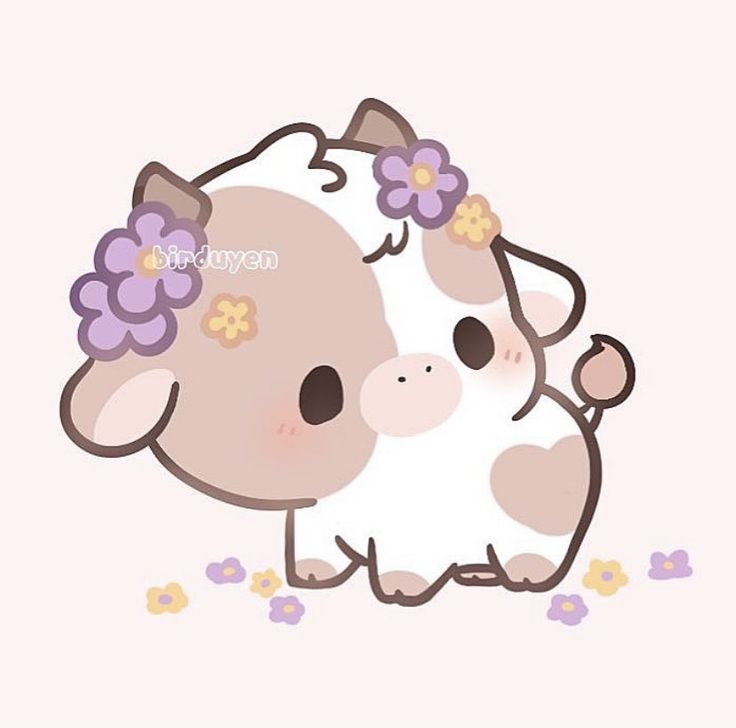 a cute little cow with flowers on its head is standing in front of a pink background