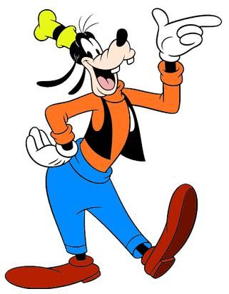 goofy from the cartoon show person, with his tongue out and pointing at something in one hand