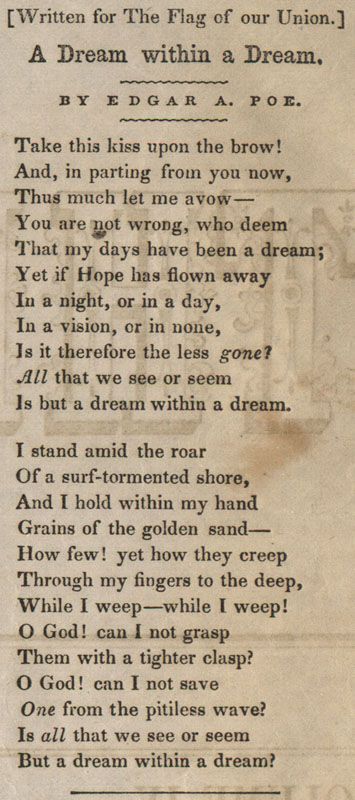 the poem written in an old book with black ink on white paper, which reads'when for the flag of our union, a dream whitha