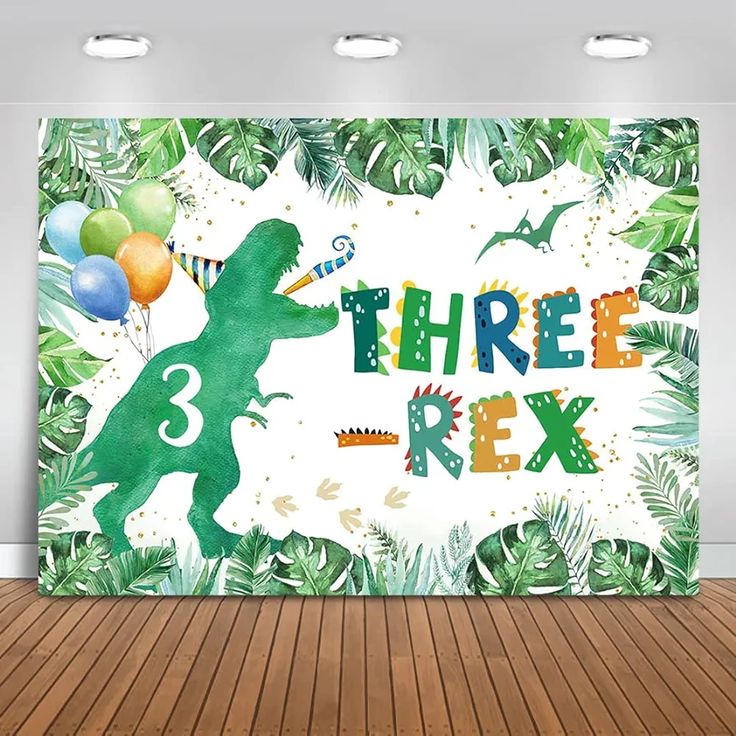 there is a green dinosaur with balloons on the wall and some palm leaves around it
