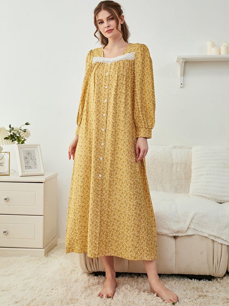 Mustard Yellow Royal  Long Sleeve Polyester Ditsy Floral Nightgowns Embellished Non-Stretch  Women Sleep & Lounge Couture, Sleeping Dress For Women, Night Gowns For Women, Western Long Dresses, Nighty Night Dress, Lace Nighty, Women Nightwear Dresses, Night Wear Dress, Cotton Night Dress