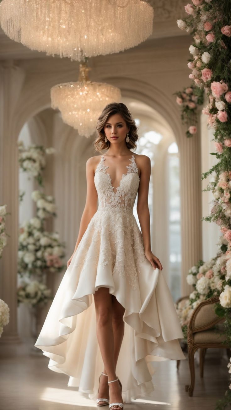 a woman in a white wedding dress walking down a hall with flowers on the walls