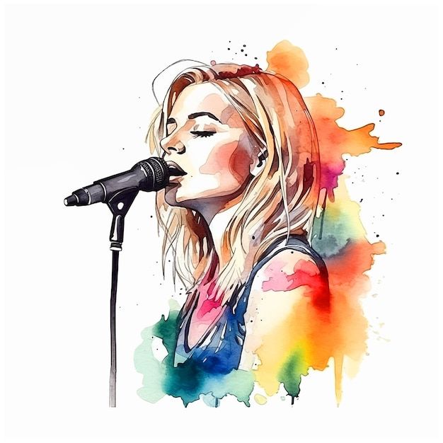 a watercolor painting of a woman singing into a microphone