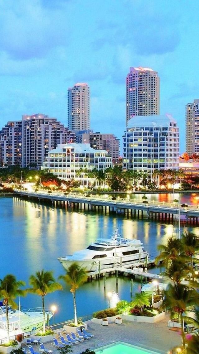 the city is lit up at night with boats docked in the harbor and palm trees